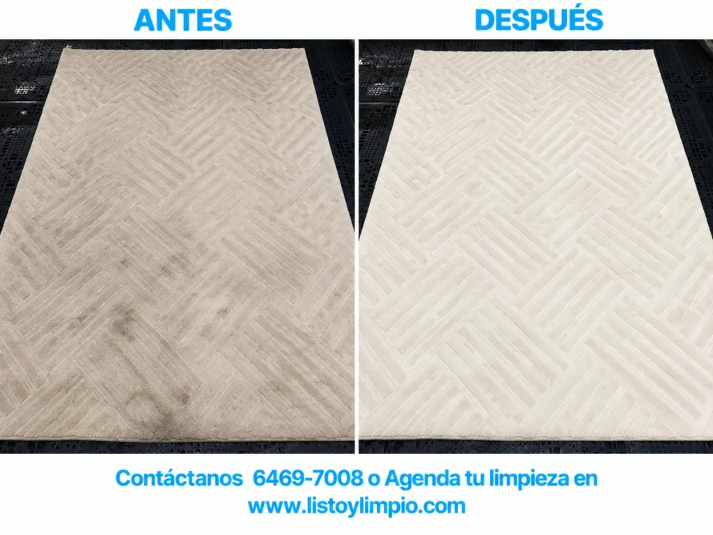 Antes y después de la limpieza de una alfombra clara con suciedad acumulada