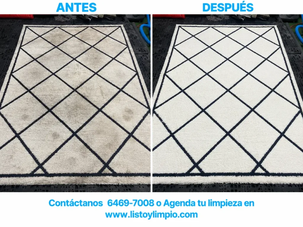 Antes y después de la limpieza profunda de una alfombra blanca con diseño de rombos